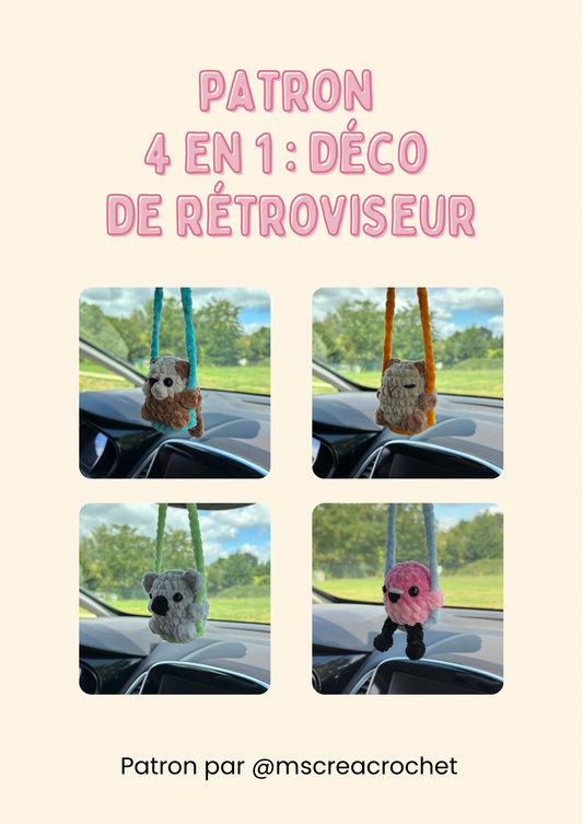 Patron 4 en 1 : décorations de rétroviseur (loutre, capybara, koala, flamant rose)